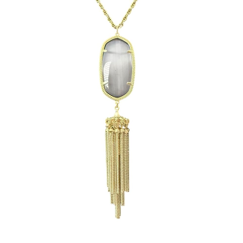 Kendra Scott Rayne Necklace 14k Gold Plated Brass Slate Cats Eye Pendant Tassel - Picture 3 of 13